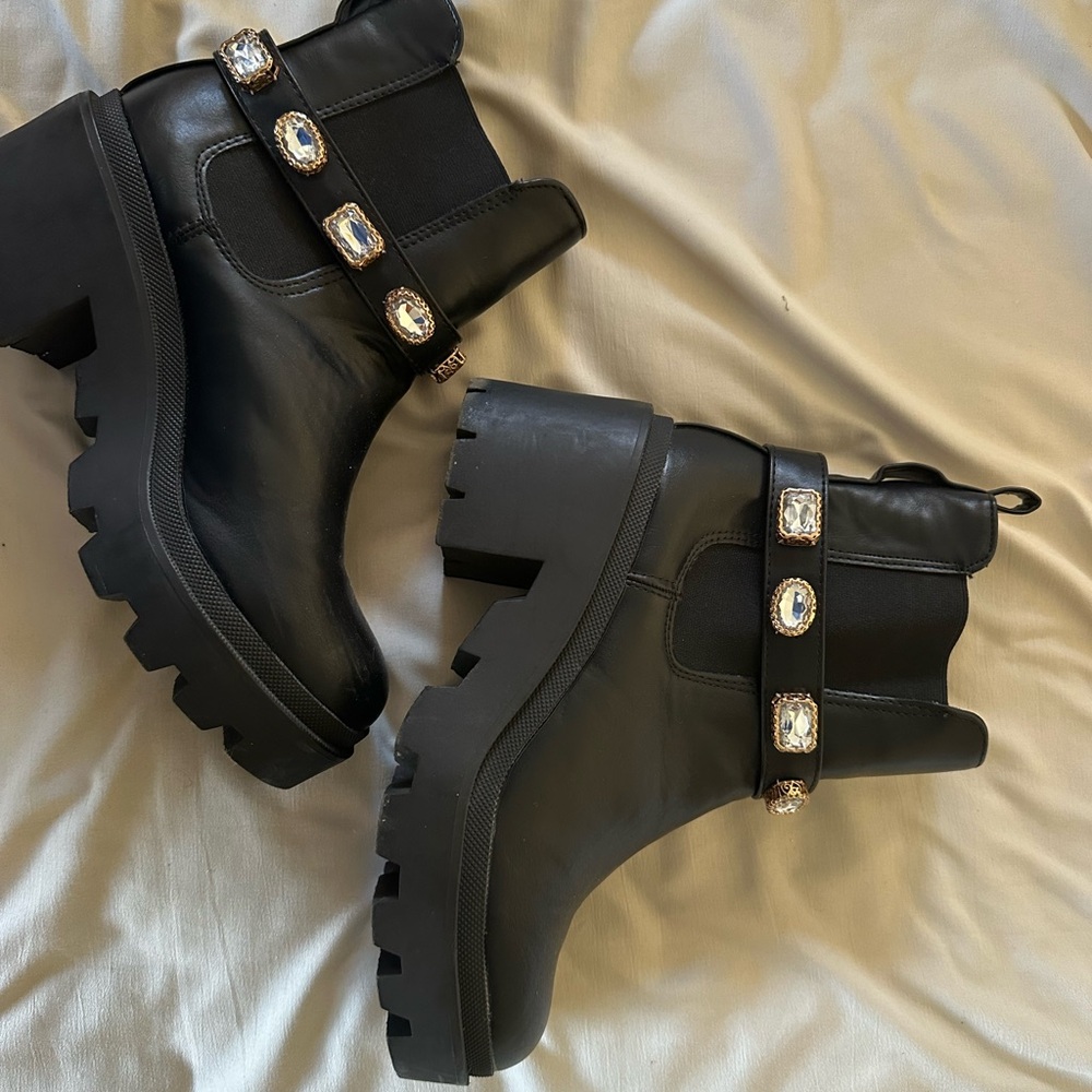 Anna Black Ankle Boots with Gem Straps